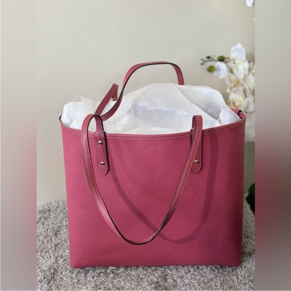 COACH Reversible Brown/Old Rose Signature Coated Canvas Leather City Tote - Picture 12 of 15